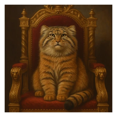 A brown-orange Pallas's cat (Manul) sitting on a royal throne, looking majestic sticker