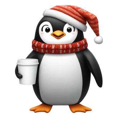 penguin wearing a Christmas sweater full body little arms, holding a coffee cup sticker