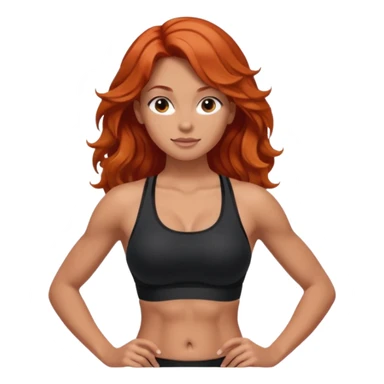 Athletic girl with long light red wavy hair and smaller boobs bigger arms. middle part and black sports bra, long hair, show stomach sticker