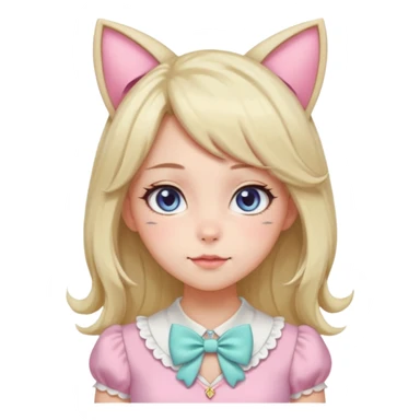 Gorgeous pastel anime style lady with blushing cheeks, cat ears, long beautiful Lucious stylish hair, big pretty eyes, cute colorful pastel dress and skirt and bow ties, and necklace sticker