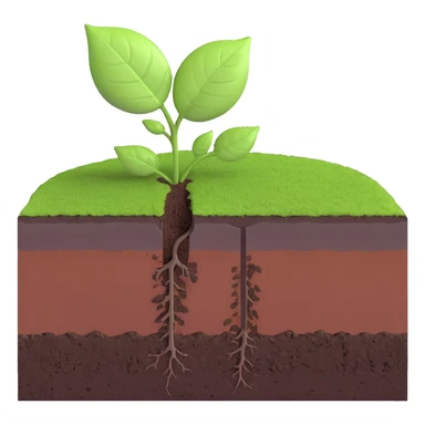A fresh green leaf resting on the surface of a cross-section of the Earth, where soil and underground layers are visible beneath. Natural lighting, realistic textures. sticker