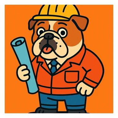 English Bulldog dressed as an engineer, wearing a hard hat and holding blueprints, cartoon style sticker