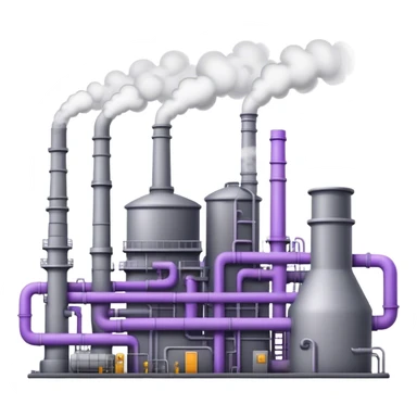 An emoji of an industrial factory in realistic gray tones, with pipes and smokestacks. Instead of smoke, soft neon violet energy or light particles flow out, symbolizing AI power and efficiency sticker