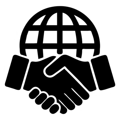International partners icon, handshake in front of a globe, black filled style, variation 5 sticker