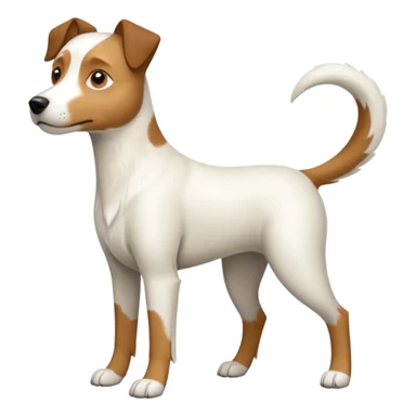 a full body large white parson russell looking dog the size of a kelpie with light brown flapped down ears and a light brown patch on one eye and a large snout sticker