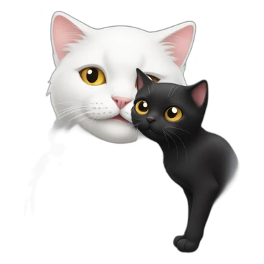 A white cat is licking a black cat sticker
