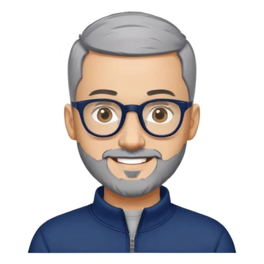 Man with light skin, extremely short black hair (military buzz cut), short peppered gray beard, large black-framed glasses, smiling face, navy blue zip-front sweatshirt with long sleeves sticker