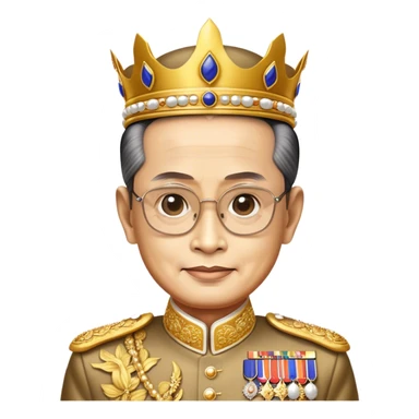 Cinematic Realistic King Bhumibol Adulyadej Portrait Emoji, depicted as a revered Thai monarch with a dignified expression and traditional royal attire, rendered with lifelike textures and soft regal lighting that captures his lasting legacy. sticker