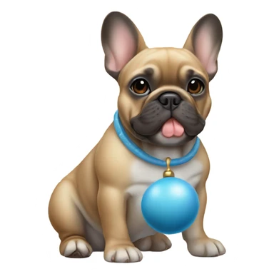 A blue and tan French bulldog with a baby rattle sticker