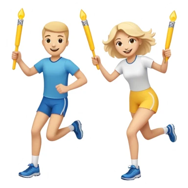 Show two happy team members passing a bright baton in a relay race. One girl, young woman and a young man with all sorts of happy smiley emojis in the air.  Add the words Rejuvenation Break at the top in fun lettering sticker