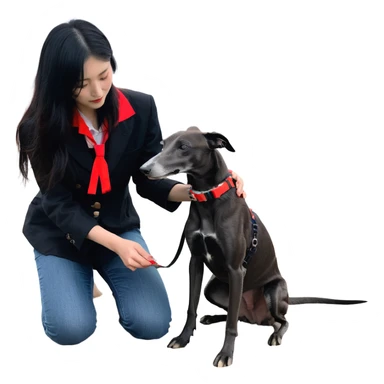 A very beautiful and attractive 25-year-old Japanese woman with long flowing black hair gently petting a PURE SOLID DARK GREY whippet wearing only a bright RED COLLAR on a beach at night under a starry sky. The whippet MUST be 100% SOLID DARK GREY with ABSOLUTELY NO WHITE MARKINGS ANYWHERE - specifically NO WHITE on face, NO WHITE on chest, NO WHITE on paws, NO WHITE anywhere - ENTIRELY ONE CONSISTENT SOLID DARK GREY COLOR throughout the entire dog from nose to tail tip. Only exception is the bright red collar. Deep blue night sky filled with bright stars, moonlight reflecting on the ocean, sandy beach in the foreground. sticker