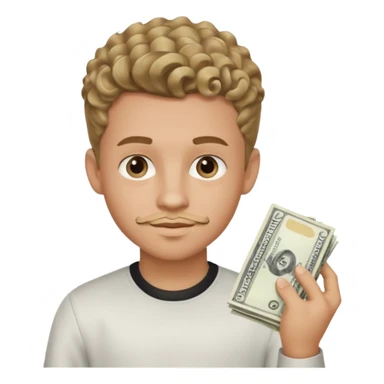 Boy dark blond curls with taperfade , clean goate is making a moneyspread with left hand sticker