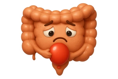 EMOJI STILE IPHONE DI un intestino triste con palloncino rosso sulla pancia, IPERREALISTICO 4K sticker