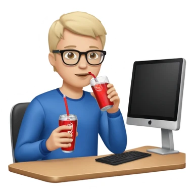 Hombre blanco con gafas tomando un refresco frente a un ordenador con ropa de deorte sticker