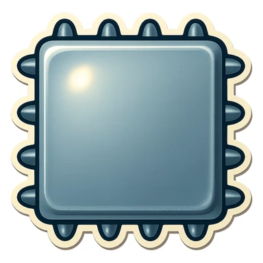 head-on view of a metal slab with many short, fat spikes evenly spaced along each visible side edge, no spikes on the corners, large blank front face, retro sticker style sticker