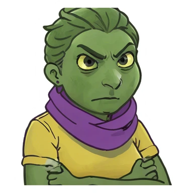 Woman angry with hands crossed holding neck sticker