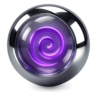 glass-like translucent sphere with a bright purple spiral core, softly glowing, in chrome style sticker
