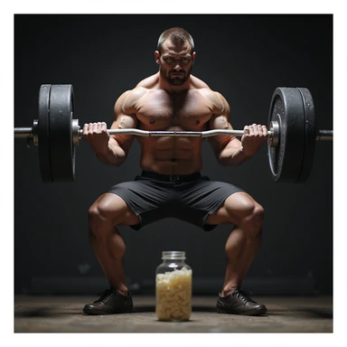 realistic muscular powerlifter performing deadlift in gym, looking at a bottle of AAS in front of him, indecisive expression, isolated on white background sticker