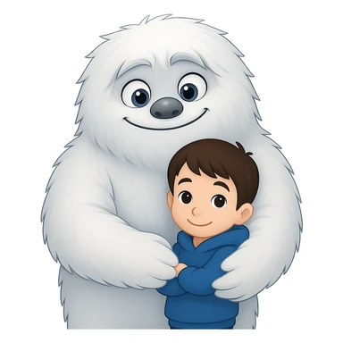 Make the kid much smaller while being hugged by the Abominable Snowman, keep the background transparent. The style should resemble the original image's look and feel. sticker