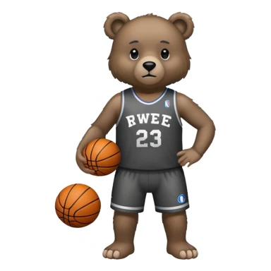 Bear with full body and wearing basketball black and gray jersey that says RWE  sticker