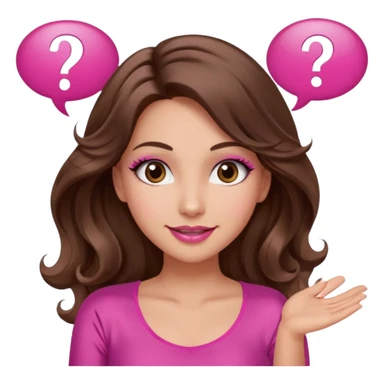 girl with long wavy brown hair, brown eyes, long lashes makeup, sexy pink lips, light to medium complexion, wearing a pink sexy top, shugging, smiling, question mark one speech bubble sticker