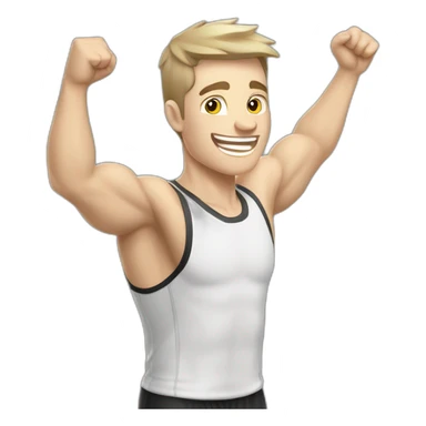 Joyful Celebrating victory Pale skinned Fit Man With the biceps and dark brown hair in black shirt, gray sports shorts and white Sneakers sticker