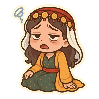 Kurdish sticker, tired mood, cartoon style, Kurdish man or woman in traditional dress, sitting and looking exhausted, expressive face, no text, suitable for social media sticker