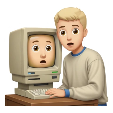 Young man with surprised expression looking at a very old, bulky desktop computer from the 1990s with CRT monitor sticker