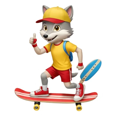A gray wolf with large, expressive eyes and a friendly smile. The gray wolf is wearing a bright yellow T-shirt, red shorts, white knee socks, and sneakers. The baseball cap is worn backwards. The wolf holds a skateboard in one hand and gives a thumbs-up with the other, a confident and cheerful pose. sticker