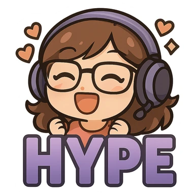 Resize the image to 112 by 112 pixels, keeping all details sharp and clear. Maintain the chibi style with purple gradient HYPE letters, cute details, purple headset, and glasses. Transparent background. sticker