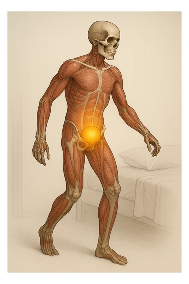 CORPO UMANO ANATOMICO CHE SI SVEGLIA LA NOTTE PER SVUOTARE LA VESCICA, VESCICA ANATOMICA IN EVIDENZA, SFONDO CHIARO NEUTRO sticker