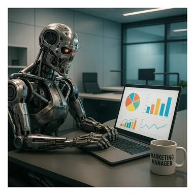 A Terminator robot at a desk, typing on a laptop with marketing charts on the screen, coffee mug labeled 'Marketing Manager', in a sleek office sticker