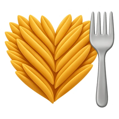 Add a silver fork next to the heart made of penne pasta in the style of emoji. Keep the emoji style look and no background. sticker