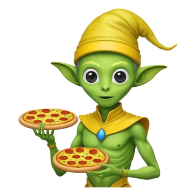 alien, wearing yellow ancient custome, with pizza sticker