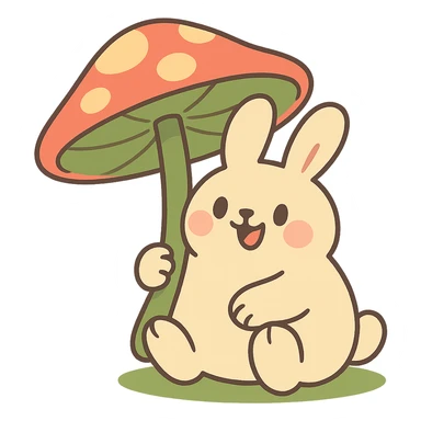 chubby bunny holding a mushroom umbrella, pastel beige and moss green, pastel toon style sticker