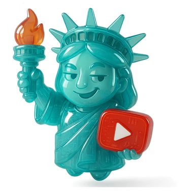 Statue of Liberty  with a playful sarcastic grin, red YouTube play button, glossy circuit style sticker
