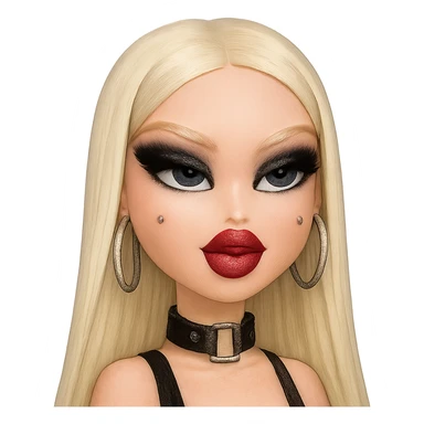 pretty Bratz baddie with platinum blonde straight hair, pale skin, pretty makeup, blue eyes, platinum blonde brows, silver cheek piercings, black smokey eyeshadow sticker