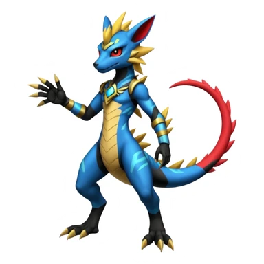 Modern anthropomorphic furry futuristic shiny colorful Zeraora-Salandit-Guilmon-fusion (full body) sticker
