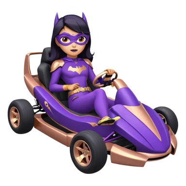 Hot full size real-appearance racing action BatGirl’s Lego feminine midnight-purple tight outfit sixty’s tv show 1992 stealthy retro sporty petite off-road pursuit hovering hover cruiser car rose gold accents (black hair,reclined and relaxed seating position and attitude) go kart  sticker