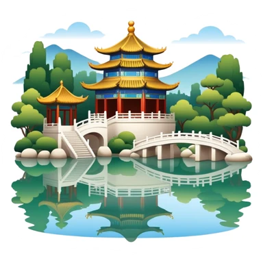 Summer Palace, Chinese garden with pavilion and lake, simple emoji design sticker