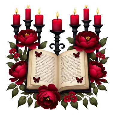 A dark, romantic composition featuring deep red peonies and pansies intertwined with blackened love letters, surrounded by glowing crimson candles. Butterflies in various shades of red flutter around Gothic crosses, creating an eerie yet passionate atmosphere. sticker