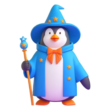 penguin wizard with a blue robe and starry hat sticker
