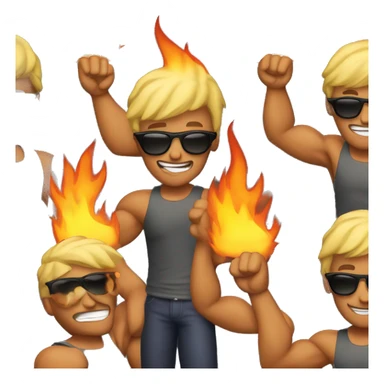 guy flexing muscles wearing sunglasses with fire sticker