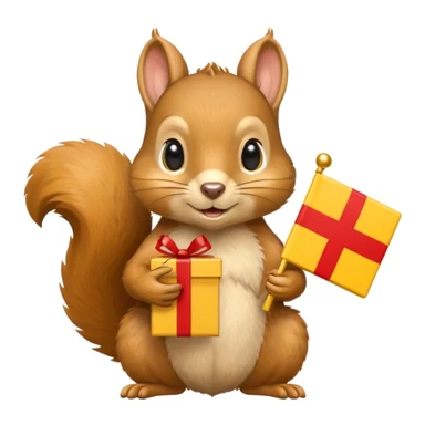 realistic squirrel holding a yellow gift box in one hand and a red Swiss flag in the other, both objects clearly visible, simple white background, the gift is a different color from the flag sticker