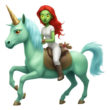 [politically incorrect
	{ woman: alien, color: light green, hair:red, eyes:cat} ]
	on a 
	[{ unicorn: white, legged:four, mane: light blue }] sticker