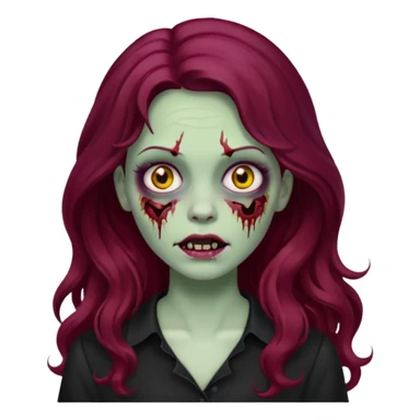Faça me um emoji de um zumbi mulher de cabelos vermelho borgonha longos ondulado usando uma blusa preta, faça no estilo iphone sticker