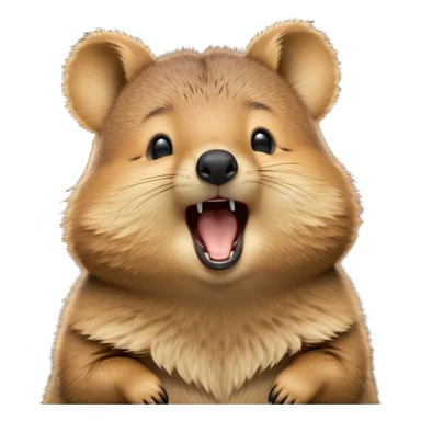 cinematic-realistic  yawning quokka-emoji,-small-round-frame, head tilted in an endearing manner, wouth wide open yawning, sleepy comical smile, round fluffy cheeks, giant-fluffy-cheeks-large-smile-fluffy-brown-fur-radiating-a-warm-softness,-big-round-eyes-filled-with-joy, realistic round  fluffy zoomed in, large black eyes one paw raised in the air sticker
