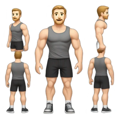 Full height Pale skinned muscular man With Realistic eyes and mouth, light brown hair and stubble In dark gray sleeveless mike, black oversize sports shorts, watch and white sneakers. sticker