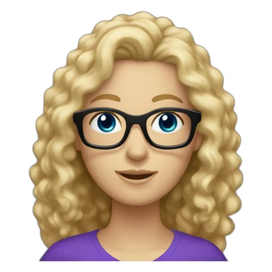 caucasian curly blonde long haired blue eyed woman with purple t-shirt and black glasses sticker