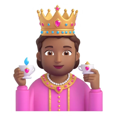 male emoji with brown skin, pink jeweled crown, holding a teacup and sipping tea, calm and content sticker
